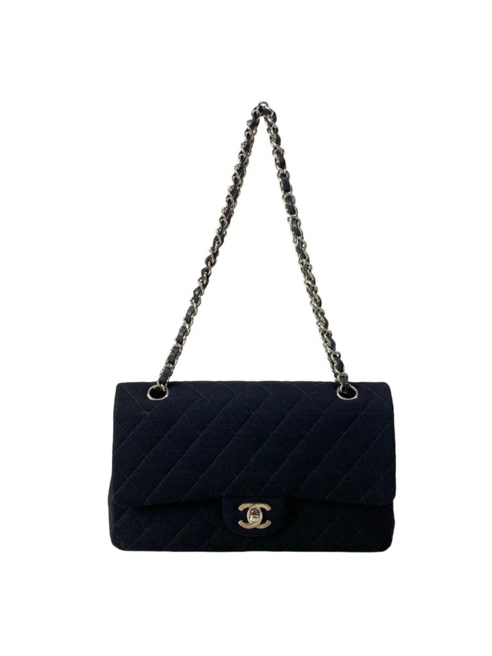 Chanel Shoulder Bag Double Flap Quilted Black Chain Silver Cotton